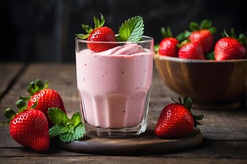 Close-up of a Strawberry yogurt in a glass with fresh mint on the wooden table with copy space.