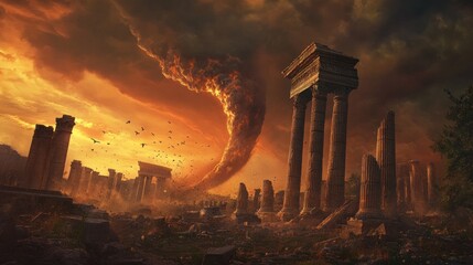 Fototapeta premium A dramatic scene of ancient ruins under a swirling stormy sky at sunset.