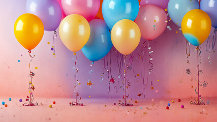 A vibrant display of celebration as a pink bouquet of balloons and confetti burst with joy and color
