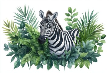 A zebra peeks through lush green foliage, showcasing a vibrant jungle scene.