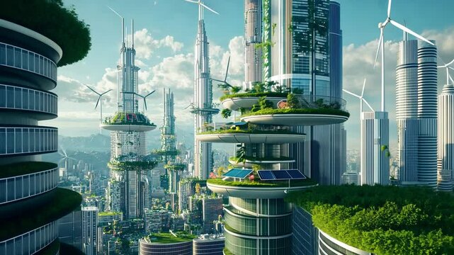 Futuristic cityscape with green architecture and wind turbines promoting sustainability.