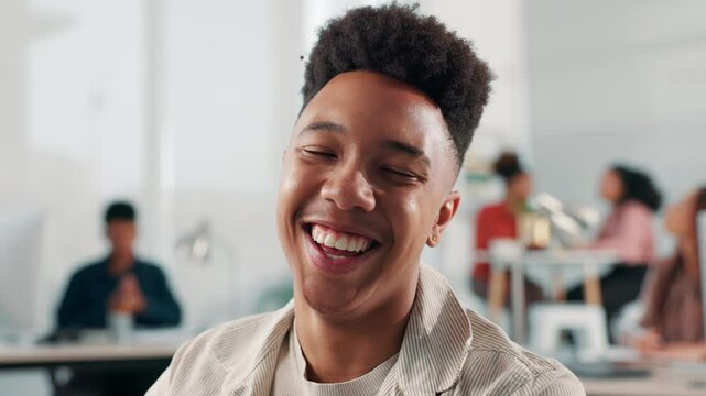 Face, laughing and internship with business man in office for creative agency, funny joke and designer studio. Happiness, entrepreneurship and comic with male employee in startup for opportunity