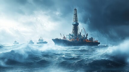 Deep sea oil drilling operations feature large rig platforms floating in rough waters background wallpaper AI generated image