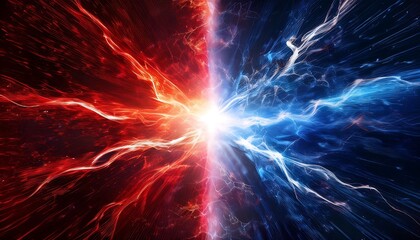 Clashing red and blue energy with white light in the center, symbolizing conflict.