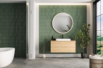 Minimalist bathroom with wooden details, green tiled walls, and large windows that emphasize...