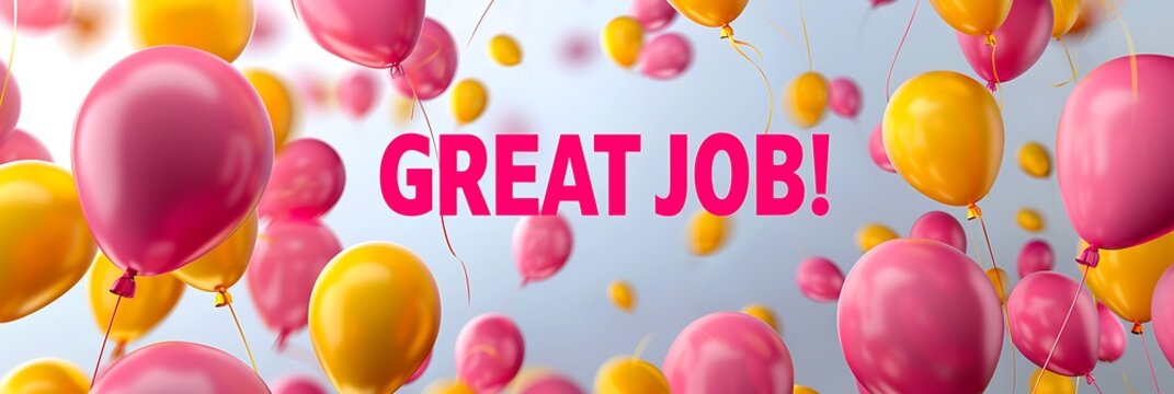 A vibrant celebration image featuring colorful balloons and the text "GREAT JOB!" conveying positivity and encouragement.