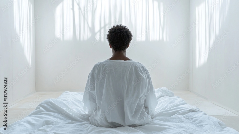 Poster A person sits in deep contemplation on a soft, white bed, illuminated by gentle light casting patterns on the walls. The atmosphere is serene and quiet, inviting reflection
