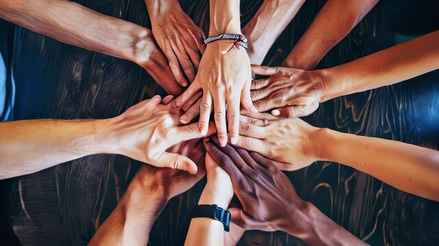 Unity and diversity celebrated: close-up of diverse hands united in teamwork.