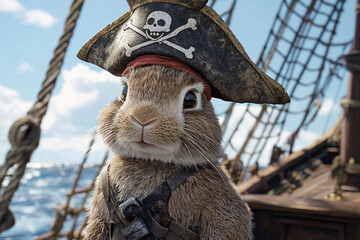 Obraz premium Pirate rabbit on a ship sailing across the ocean waves