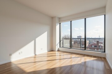 Sunlit empty room with wooden floor and large windows overlooking cityscape