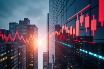City skyscrapers with a digital stock market chart overlay, symbolizing financial growth.
