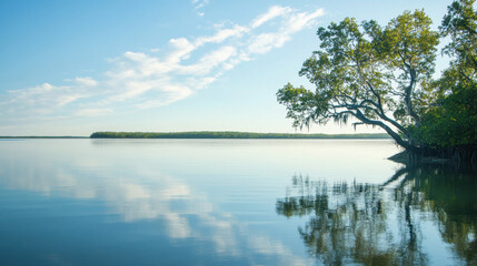 Tranquil coastal scene with a solitary tree reflecting on calm water under a bright blue sky.