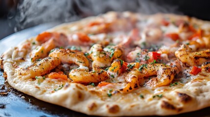 Freshly baked shrimp pizza topped with herbs and vegetables at a rustic restaurant