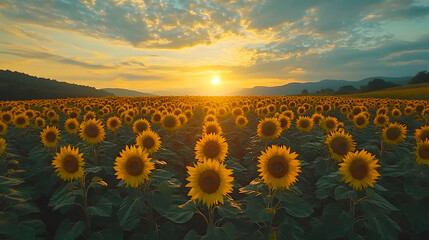 Fototapeta premium A sunflower field stretching to the horizon, bathed in warm golden light during the golden hour.