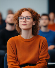 Thoughtful Woman in Orange Sweater Sitting in Conference Setting with Attendees in Background, Capturing a Minimalistic and Engaging Moment of Reflection