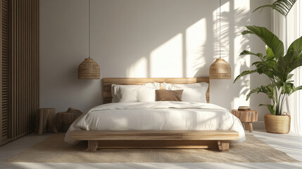 Modern bedroom with rustic elements featuring a wooden bed, warm lighting, and natural decor, creating a cozy and relaxing atmosphere.