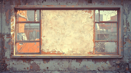 View of a weathered and abandoned industrial window with cracked panes and peeling paint, showcasing urban decay