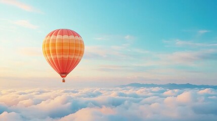 Obraz premium A colorful hot air balloon floats serenely above a sea of clouds under a bright blue sky, capturing the essence of adventure and tranquility.