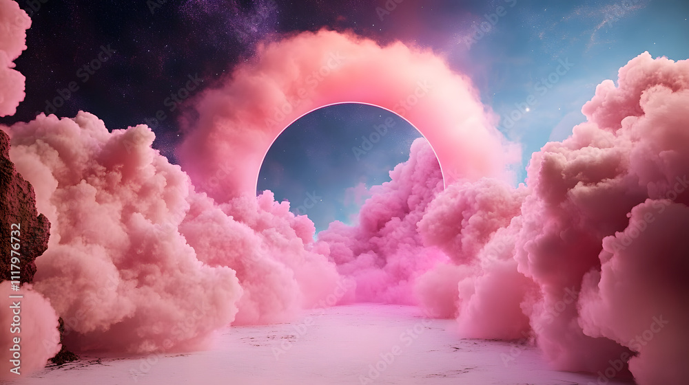 Wall mural this image portrays a cosmic scene with a celestial portal enveloped in pink clouds, offering a surr