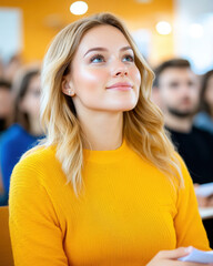 Fototapeta premium Thoughtful Woman in Minimalistic Setting with Bright Yellow Sweater, Attending Inspiring Presentation in Modern Environment