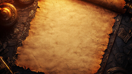 Vintage parchment with ornate metal details, suitable as a fantasy background or antique document design template