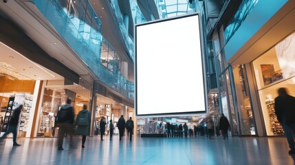 Concept of big blank white billboard inside modern shopping building for mockup or template material, background wallpaper AI generated image