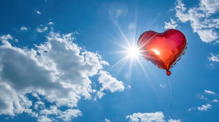 Fototapeta premium Bright heart-shaped balloon floats against a sunny sky with fluffy clouds. Perfect for Valentine's Day 