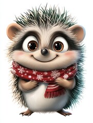 Fototapeta premium Adorable Cartoon Hedgehog in Festive Scarf with Cheerful Expression