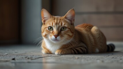 Orange tabby cat lying on floor, looking at camera.