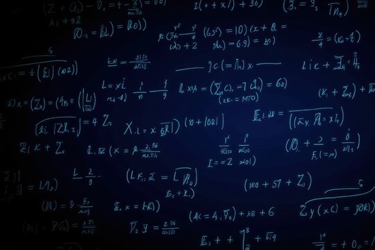 Complex mathematical equations on a dark chalkboard reflected in low light ambiance