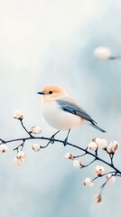 Fototapeta premium A delicate bird perched on a branch with soft blossoms, set against a serene, blurred background, evoking a tranquil spring ambiance.