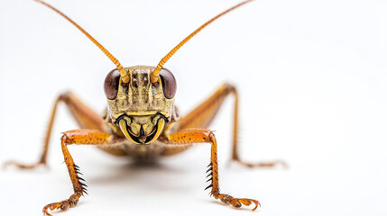Naklejka premium Close-up of a grasshopper with intricate details on its body, antennae, and legs against a white background, showcasing its vibrant colors and textures.