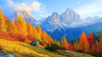 Fototapeta premium A vibrant autumn landscape featuring mountains and colorful trees under a clear blue sky.