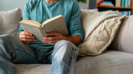 A person is sitting On a couch engrossed in reading a book.