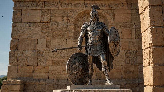Statue of Hector, the warrior, holding a shield and spear in both hands, with a backdrop of a battlefield and the walls of Troy, with carvings depicting his steadfast determination to defend his homel