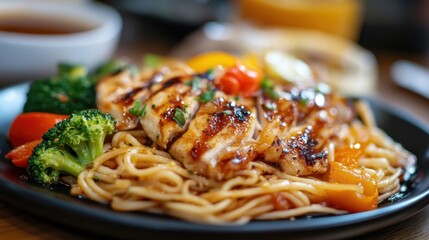Fototapeta premium Grilled chicken served with colorful vegetables and noodles on a black plate during a cozy dining experience