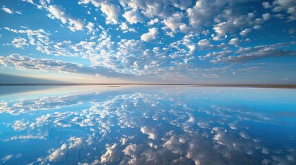 High-end photography capturing a picturesque serene lake, its surface mirroring the scattered clouds in the sky above