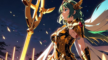 Fototapeta premium A digital painting of a female character in golden armor with a staff is shown