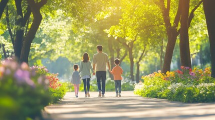 A family of four is walking down a path in a park