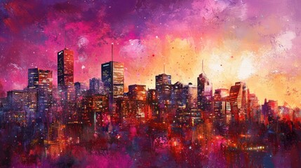 Obraz premium A vibrant city skyline at sunset, showcasing colorful lights and abstract artistic elements.