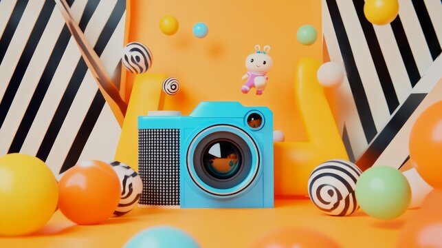 Playful 3D render of a blue camera with colorful balls and a bunny toy.