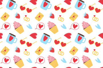 Seamless Pattern, Valentines Day, rings, hearts, sunglasses, cupcake, cup. Vector illustration, flat style, background
