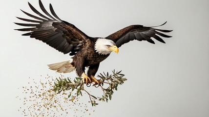 Fototapeta premium A high quality photo of an eagle, with wings fully extended, clutching a branch