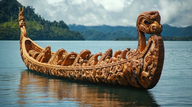 A powerful depiction of a traditional Maori canoe (waka) adorned with intricate carvings, symbolizing journey and heritage.