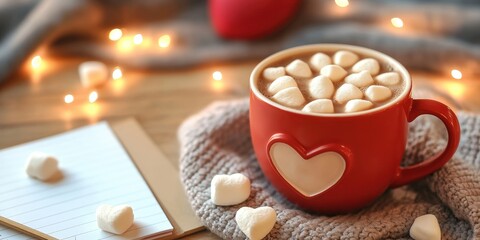 Cozy Hot Chocolate with Marshmallows in a Red Heart Mug on a Soft Blanket Surrounded by Fairy Lights and a Notepad