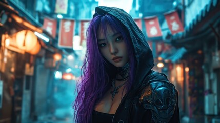 An Asian woman warrior with soft purple hair flowing from her hood stands in a glowing cyberpunk alley, background wallpaper AI generated image