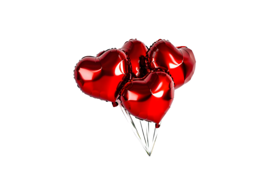 Set of Air Balloons. Bunch of red color heart shaped foil balloons isolated on white background. Love. Holiday celebration. Valentine's Day party decoration. Metallic red Heart air balloons
