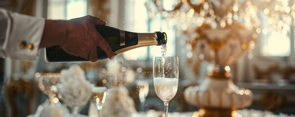 A waiter is seen pouring champagne into an elegant glass flute, with a luxurious setting in the background, highlighting bubbles and opulence in the scene