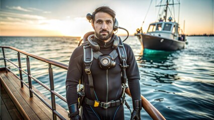 Diver prepares for an exciting underwater adventure at sunset near the serene harbor