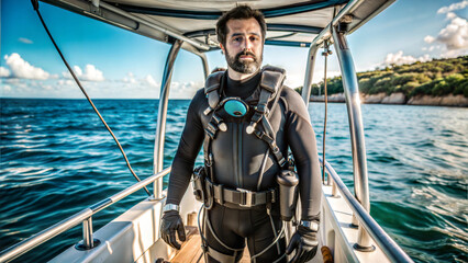 Explorer prepares for underwater adventure in a sunlit sea near a coastal paradise